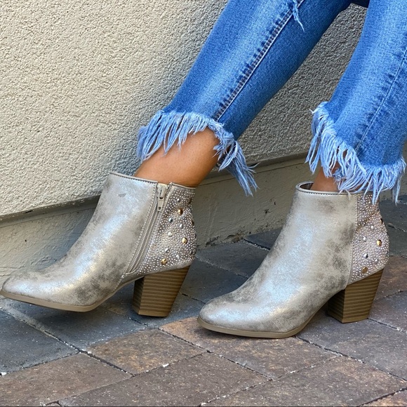 Shimmer Gold Embellished Heel Western Ankle Boots - Picture 1 of 7